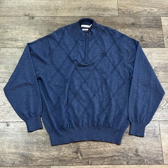 Peter Millar Blue Argyle 100% Merino Wool 1/4 Zip Golf Sweater - Men's Size XL - Picture 1 of 7